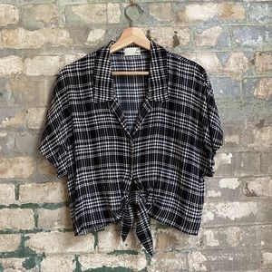 WilfredFree Tie-Front Cropped Blouse b&w plaid szM